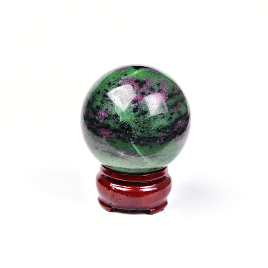 JIC Gem Small Red&Green Treasure Crystal Sphere Ball Natural Ruby Zoisite Healing Crystal Ball with Decoative Stand for Fengshui Meditation Decoation (50-60mm)