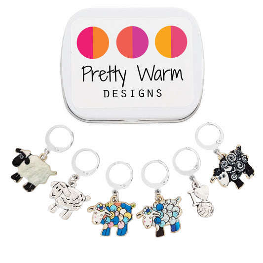 Pretty Warm Designs Sheep Crochet Stitch Markers - Set of 6 Locking Progress Keepers for Amigurumi, Knitting & Fiber Arts - Handmade Yarn Charms in Storage Tin