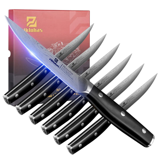 Piklohas Steak Knives Set of 6, 4.6 Inch Non Serrated Dinner Knife, Forged German Steel Damascus Pattern Straight Edge Meat Knife with Full Tang Handle, Dishwasher Safe, Ideal for Gift