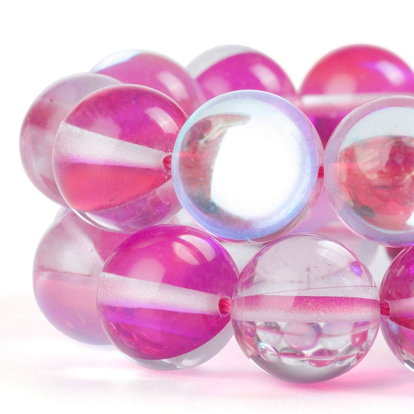 RUBYCA Round Moonstone Crystal Glass Beads Aura Iridescent for Jewelry Making (1 Strand, 12mm, Pink)