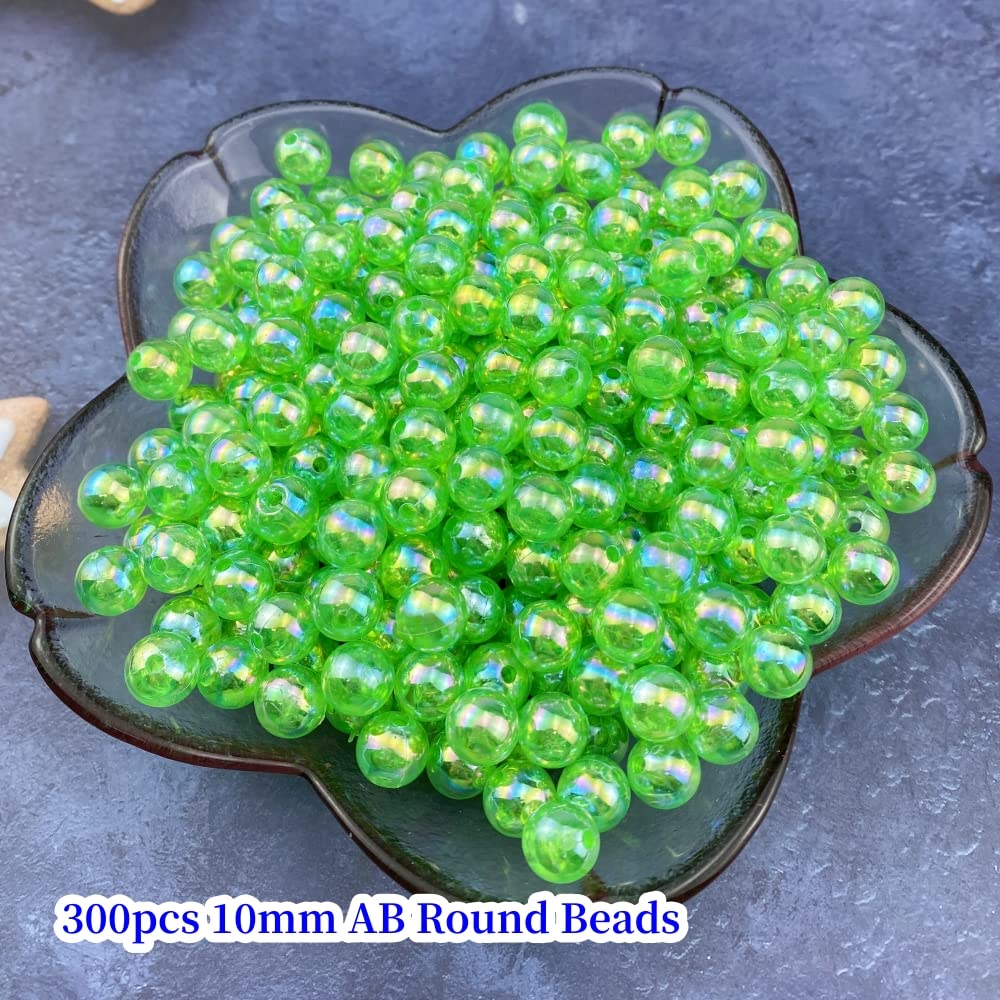 300 Pcs 10mm Acrylic Round Beads AB Colors Round Spacer Beads for Earring Bracelet Necklace Key Chains Jewelry DIY Craft Making(Green AB)
