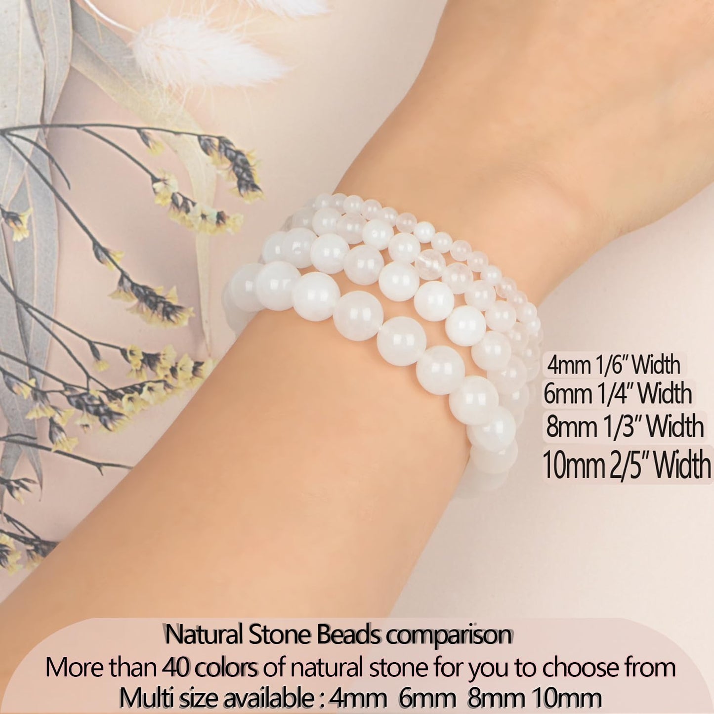 LPBeads Handmade Natural Gemstone Stretch Elastic 8m White Jade Bracelet Healing Crystal Round Stone Beads Jewelry Gifts for Women Men