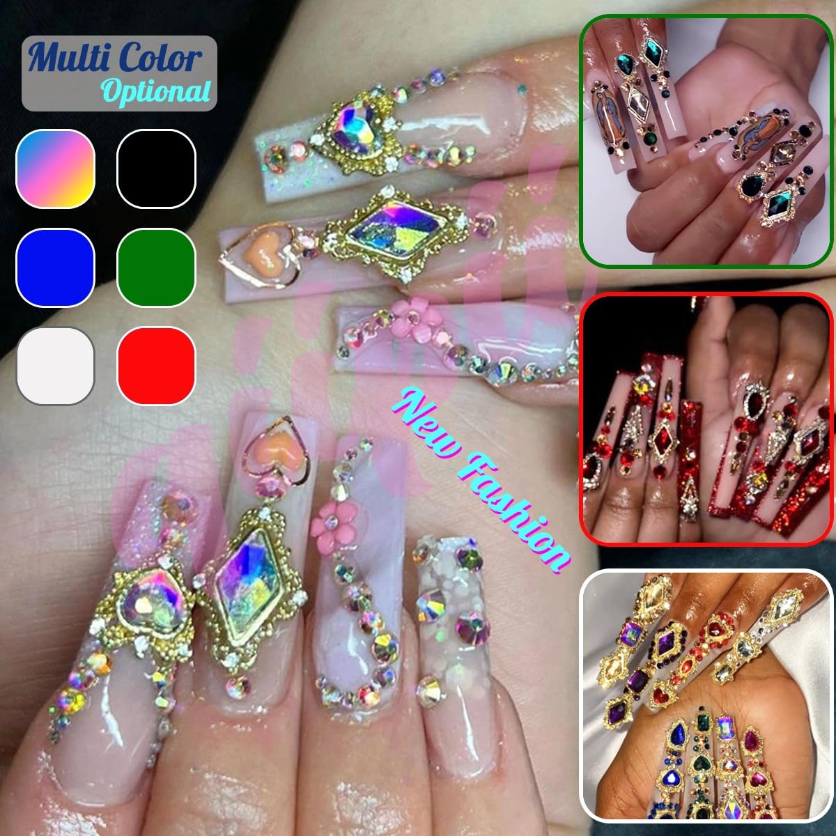 qiipii 24pcs Crystal AB Luxury Nail Charms +2000pcs Crystal White AB Rhinestones 3D Big Nail Gems K9 Glass Nail Crystals Diamonds Jewels Stones Alloy Nail Art Studs Decor Supplies for Nails Crafts DIY