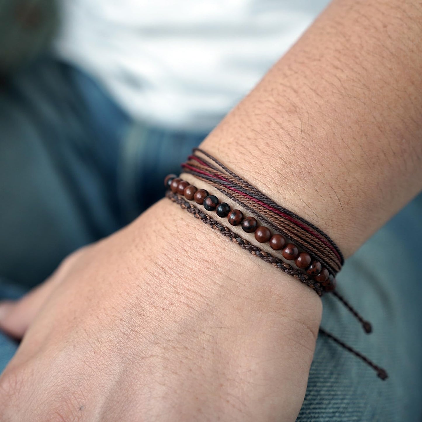 Handmade Natural Stone Beaded Healing Bracelet Gift for Men Adjustable Rope String Bracelet (Mahogany Obsidian, Adjustable)