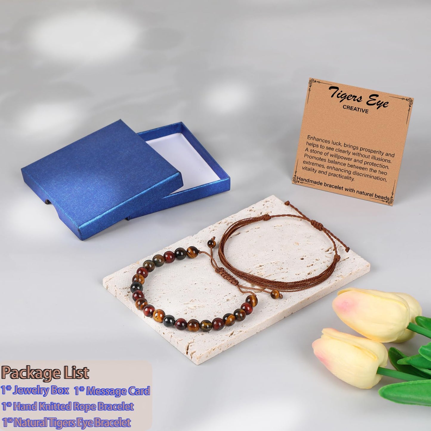 LPBeads 8mm Multicolor Tiger's Eye Bracelet with Handmade Rope Bracelet Size Adjustable Natural Stone Crystal Healing Bracelets Gifts for Unisex Adults