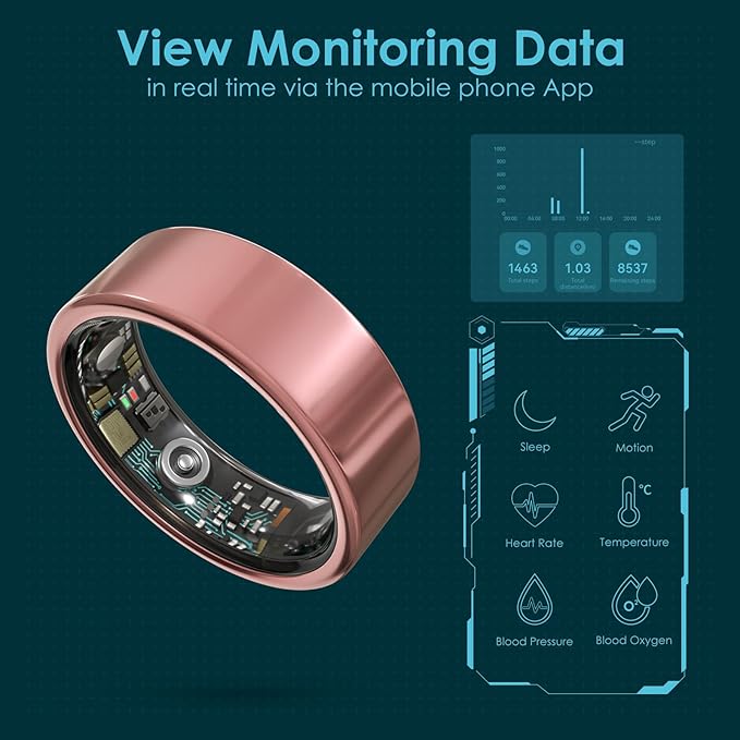 Smart Ring Health Monitoring 5ATM Waterproof Fitness Tracker with Glossy Titanium Surface Blood Oxygen/Sleep/Stress Tracking Women?™s Cycle Prediction Sport Ring Compatible with iOS/Android Black 7