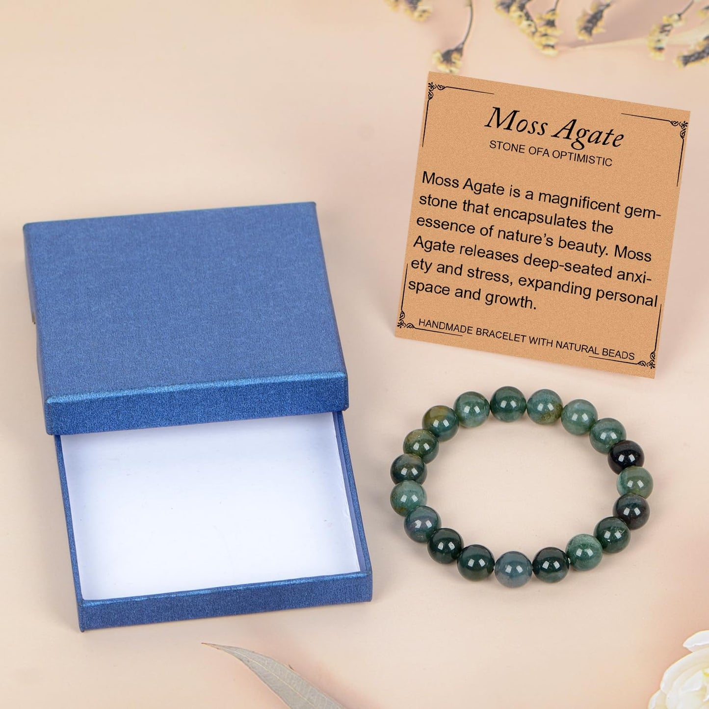 LPBeads Handmade Natural Gemstone Stretch Elastic 10mm Moss Agate Bracelet Healing Crystal Round Stone Beads Jewelry Gifts for Women Men
