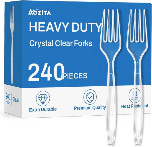 Regine Switzerland Extra Heavy Duty Clear Plastic Forks - 240 Count, BPA-Free & Heat Resistant Utensils for Events