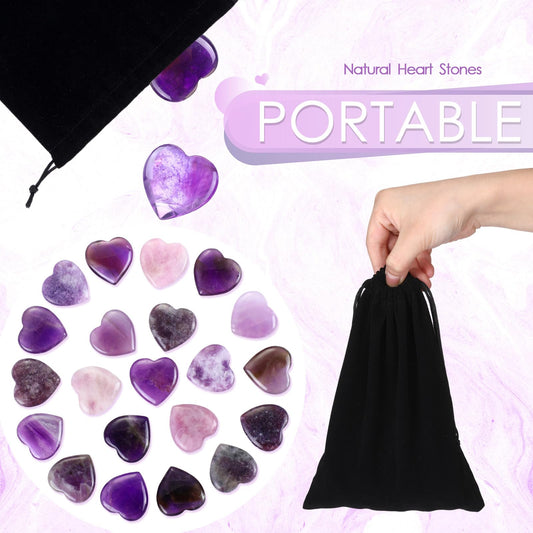 Ecation 120 Pcs Heart Quartz Bulk Crystals Stone Bulk Natural Polished Stone Heart Love Carved Healing Worry Crystal with Flannel Bag for Women Gifts(Amethyst)