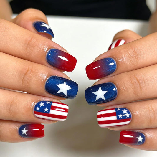 American Flag Fake Nails 24 Pcs Independence Day Acrylic False Nail 4th of July Press on Nails Glossy Red Gradient Glue on Artificial Fingernails HZJXRT Medium Square Stick on Nail for Women Gift
