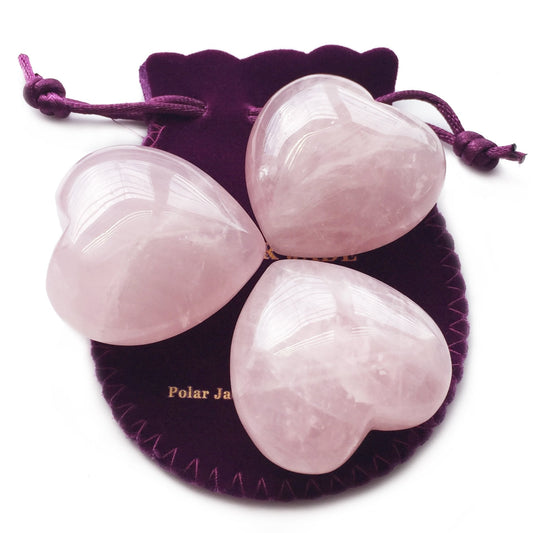 Polar Jade Set of 3 Hand-Carved Natural Rose Quartz Puffy Hearts – Healing Stones for Chakra Energy, Meditation, Massage, and Elegant Decoration