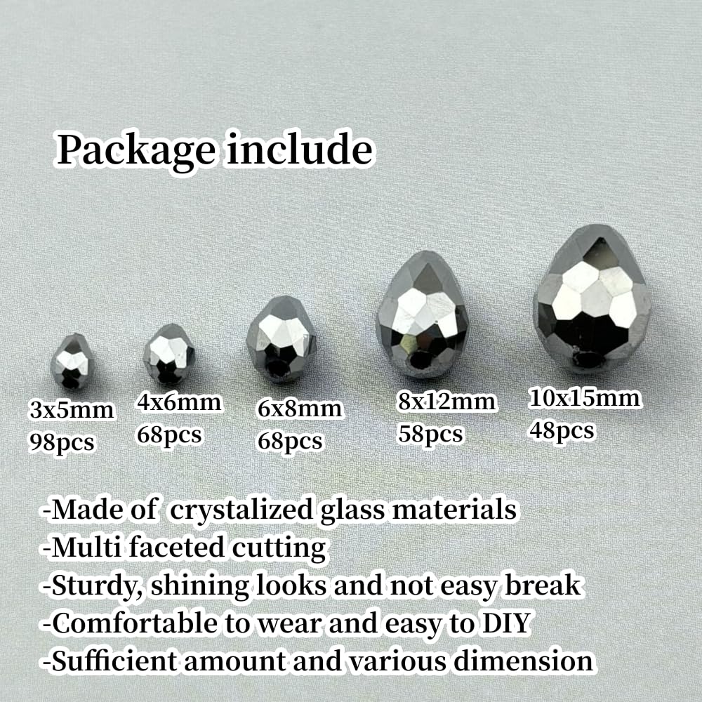 Xinhongo 340pcs Teardrop Crystal Glass Beads 3x5mm 4x6mm 6x8mm 8x12mm 10x15mm Vertical Hole Faceted Glass Spacer Beads for Necklace Bracelet Earrings DIY Jewelry Crafts(Silver)