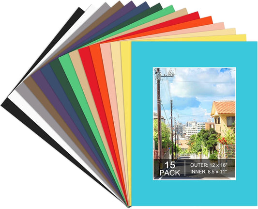 15 Pack 12x16 8.5x11 Picture Mats, Mixed Colors Frame Mattes for Pictures Photo Frame Mat Core Bevel Cut Mat Board Show