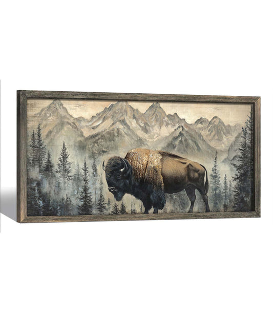 Wildlife Wall Art Framed Decor: Wild Animal Wood Print Decoration Buffalo Bison Picture Rustic Nature Woodland Painting Artwork for Cabin Bathroom Living Room 24 x 12 Inch