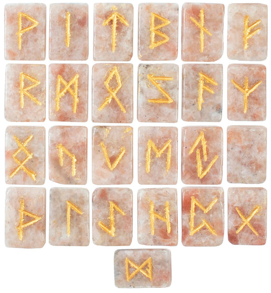 Crocon Sunstone rectangle shape gemstone runes with Elder Futhark Alphabet Engraved 25 pcs rune set Crystal Divination metaphysical Healing Chakra Reiki runes set with a pouch Size : 2025mm