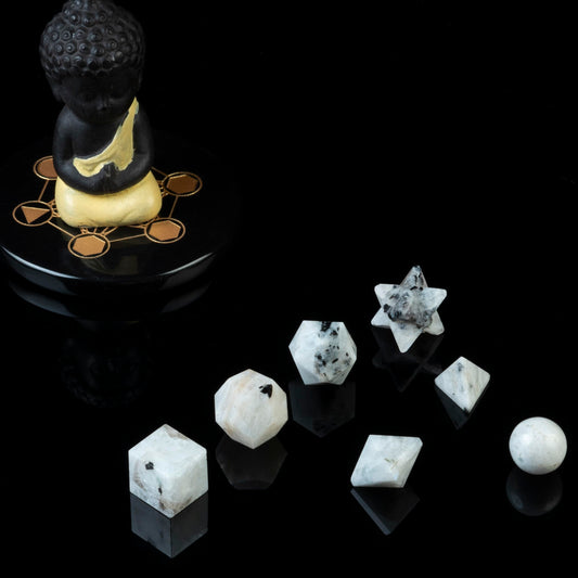 ZAICUS Rainbow Moonstone 7 Pcs Platonic Solids Crystal Geometry Set, Platonic Solids Sacred Geometric Stones for Meditation Healing Chakra Stone Cleansing Spiritual Good Luck (15-20 mm)