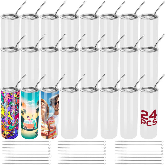 MAIKESUB 24 Pack 20oz Straight Skinny Sublimation Tumblers with Lids – Blank Metal Tumbler Set for Dye-Sublimation Decoration, Vinyl Crafts & DIY Personalized Gifts