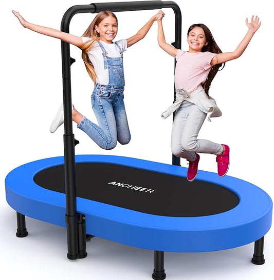 ANCHEER 56'' Foldable Mini Trampoline with Adjustable Handle - Indoor/Outdoor Rebounder for Kids & Toddlers Safe Oval Fitness Trampoline with Bar for Home Fun