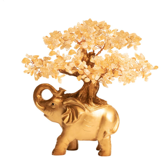 GEMBOURY Citrine Crystal Money Tree on Gold Mini Elephant Statue, 10”Gemstone Bonsai Tree of Life Home Décor Gifts for Wealth Positive Energy, Feng Shui Décor