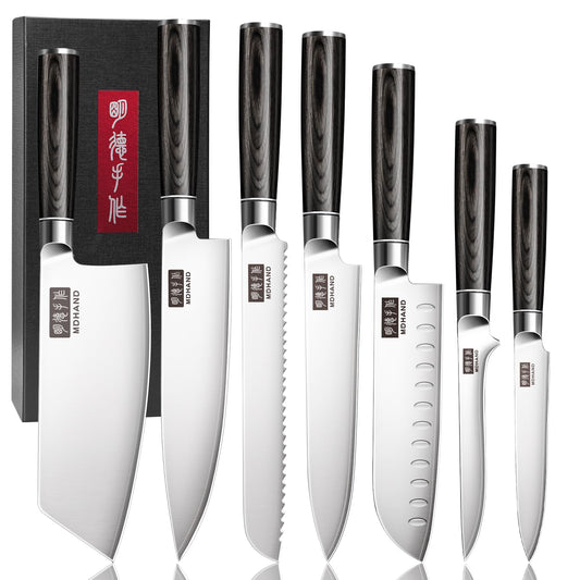 MDHAND Kitchen Knife Set, 7 Pieces Ultra Sharp Japanese Knife Set, High Carbon Stainless Steel Professional Chef Knives Set with Black Pakkawood Handle for Home Cooking, Dishwasher Safe