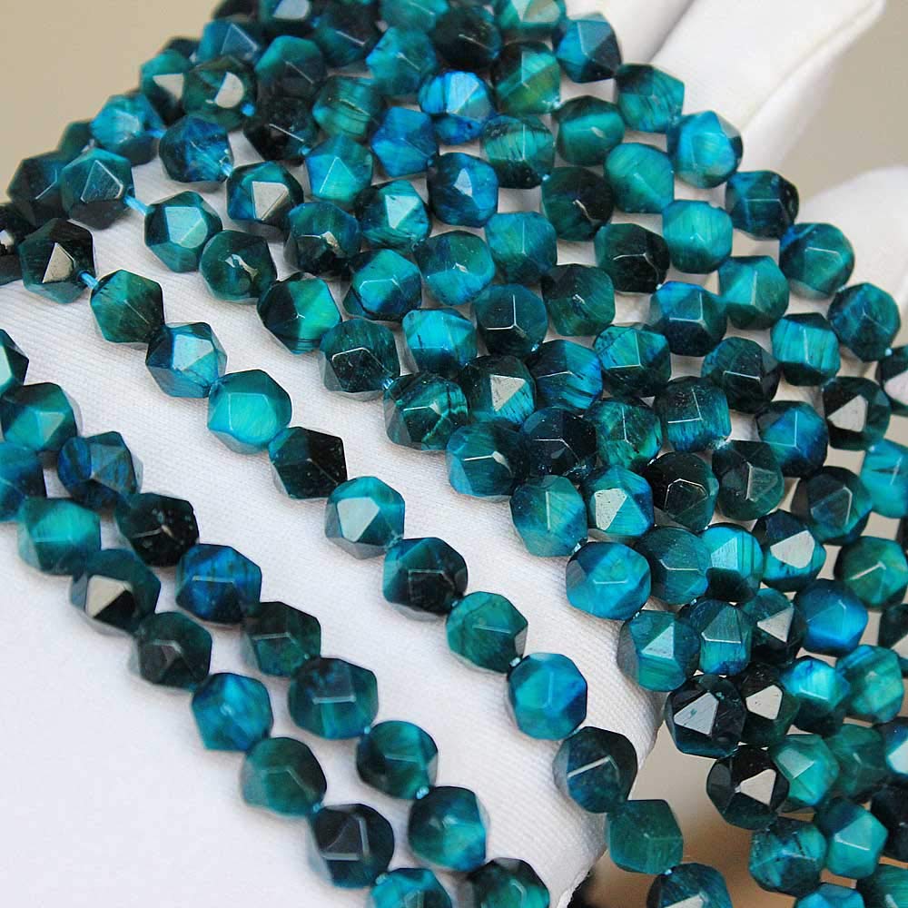 MJDCB Best Sellers Natural Stone Beads Faceted Polygon Sky Blue Tiger Eye Crystal Energy Stone Healing Power for Jewelry Making(8mm)