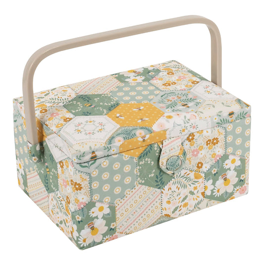 Hobby Gift Medium Sewing Box Organiser, Fabric Covered Storage Box with Handle, Internal Tray, Pin Cushion and Pocket for Sewing, Quilting and Knitting Supplies