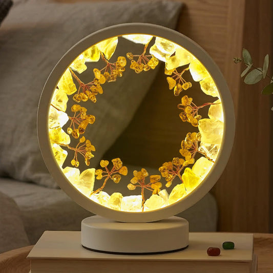 Runyangshi Natural Crystal Citrine Small Tree Round White Frame Tri-Color Ambient Light Home Decoration Night Light Healing Decor Gift