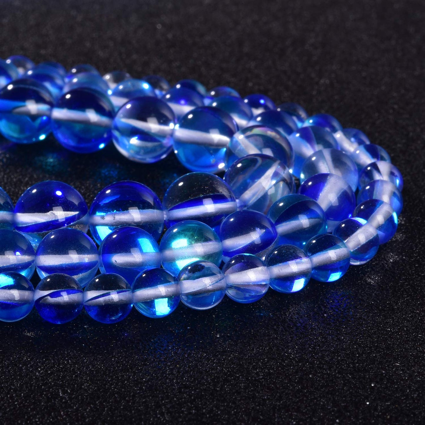 Asingeloo 60PCS 6mm Blue Angel Aura Beads Round Gemstone Polished Mermaid Aura Moonstone Smooth Stone Loose Beads Crystal Quartz for DIY Jewelry Making 1 Strand 15'