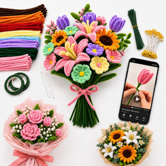 Anpyxun Pipe Cleaner Flower Kit for Adults, 600 PCS All-in-One Chenille Stems Flower Bouquet Making Kit with Video Tutorials, 6 Colors DIY Forever Flower Craft Supplies for Home Decor & Gifts
