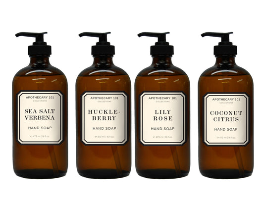 Apothecary 101 Glass Hand Soap Set, Sea Salt Verbena, Huckleberry, Lily Rose, Coconut Citrus, 16 Fl Oz Bottles, Home and Body Company
