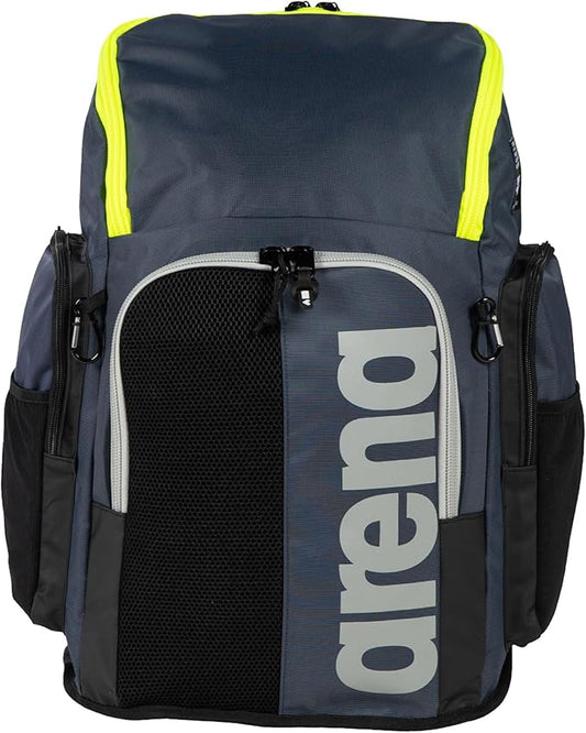 ARENA Spiky III Backpack 45 Swimming Athlete Sports Gym Rucksack Large Training Gear Equipment Swim Bag for Men and Women, 45 Liters, Navy/Neon Yellow