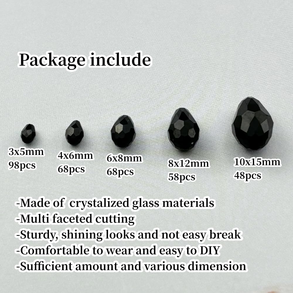 Xinhongo 340pcs Teardrop Crystal Glass Beads 3x5mm 4x6mm 6x8mm 8x12mm 10x15mm Vertical Hole Faceted Glass Spacer Beads for Necklace Bracelet Earrings DIY Jewelry Crafts(Black)