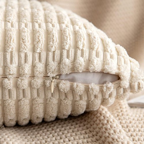 MIULEE Corduroy Throw Pillow Covers - Soft Boho Striped Design, 12x12 Inch | Modern Farmhouse Decor in Cream White