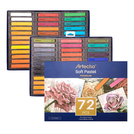 Artecho 72pcs Soft Pastels, 70 Colors Including 4 Fluorescent Colors, Extra Free Black & White, Square Chalk for Drawing, Blending, Layering, Shading, Pastels Art Supplies