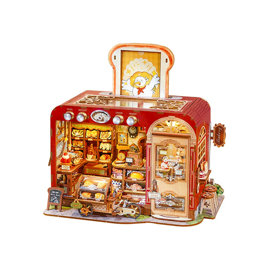 Tonecheer 3D Wooden Puzzle, Toast Bakery DIY Miniature House Model Kit, Dollhouse Diorama Building Kit with LED Light, Adult Craft Interactive Set for Home Bookshelf Decor & Ideal Gift