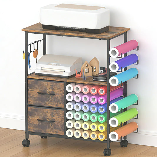 Craft Table Compatible with Cricut Machines Rolling Craft Storage Cart with Vinyl Roll Holders, Crafting Table Workstation with 2 Fabric Drawers, Locakable Wheels, Rustic Brown