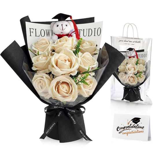 Giegxin 3 Pcs Graduation Bear Flower Bouquet Set Includes Artificial Roses Flower Bouquet Mini Plush Bear with Grad Cap Greeting Card Gift Bag for 2026 Graduation Party Favors Supplies (Yellow)