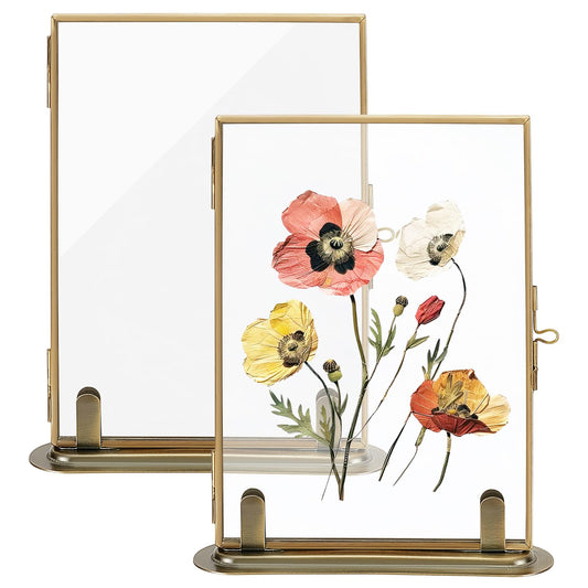 TWINKLEMON 2PCS Double Glass Pressed Flower Frames 5 x 7 Inch Brass Floating Frame Vintage Gold Picture Frames Floating Hanging Photo with Metal Stand Tabletop Shelf Photo Frame Decor for Wedding Home