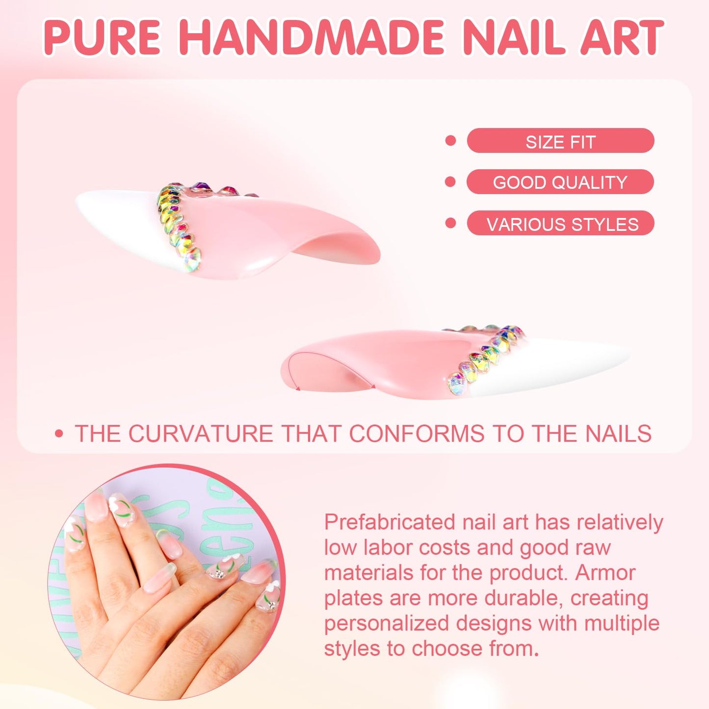 Yabonica Handmade Press On Nails Short,10pcs Acylic Flase Nails Press ons with 3D Nail Art Gel Hand-Painted Design,Nature&Lasting Stick On Nails for Woman Girls Daily Party&Wedding Wear Gift (002S)