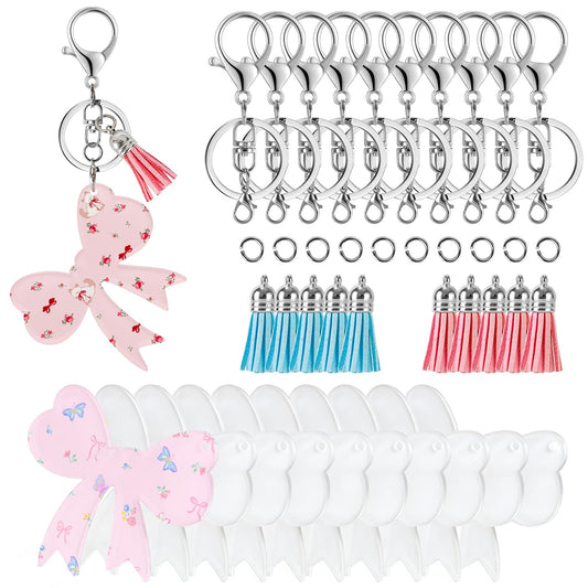 10 pcs Sublimation Acrylic Bow Blanks, DIY Craft Supplies with Tassels & Keychain Rings for Personalized Gifts, Bag Charms & Luggage Tags (Petite Bow)