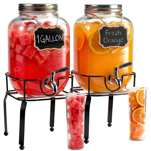 RuileMei 2 Pack1 Gallon Glass Drink Dispensers For Parties,Beverage Dispenser with Stand,304 Stainless Steel Spigot Leakproof,Lemonade Dispenser for Sun Tea, Homemade Juice