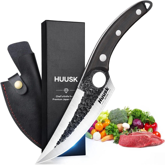 Huusk Viking Knife with Sheath Boning Knives for Meat Cutting, Caveman Ultimo Knives Hand Forged Full Tang Knives for Kitchen or Camping Christmas Gift for Men and Women