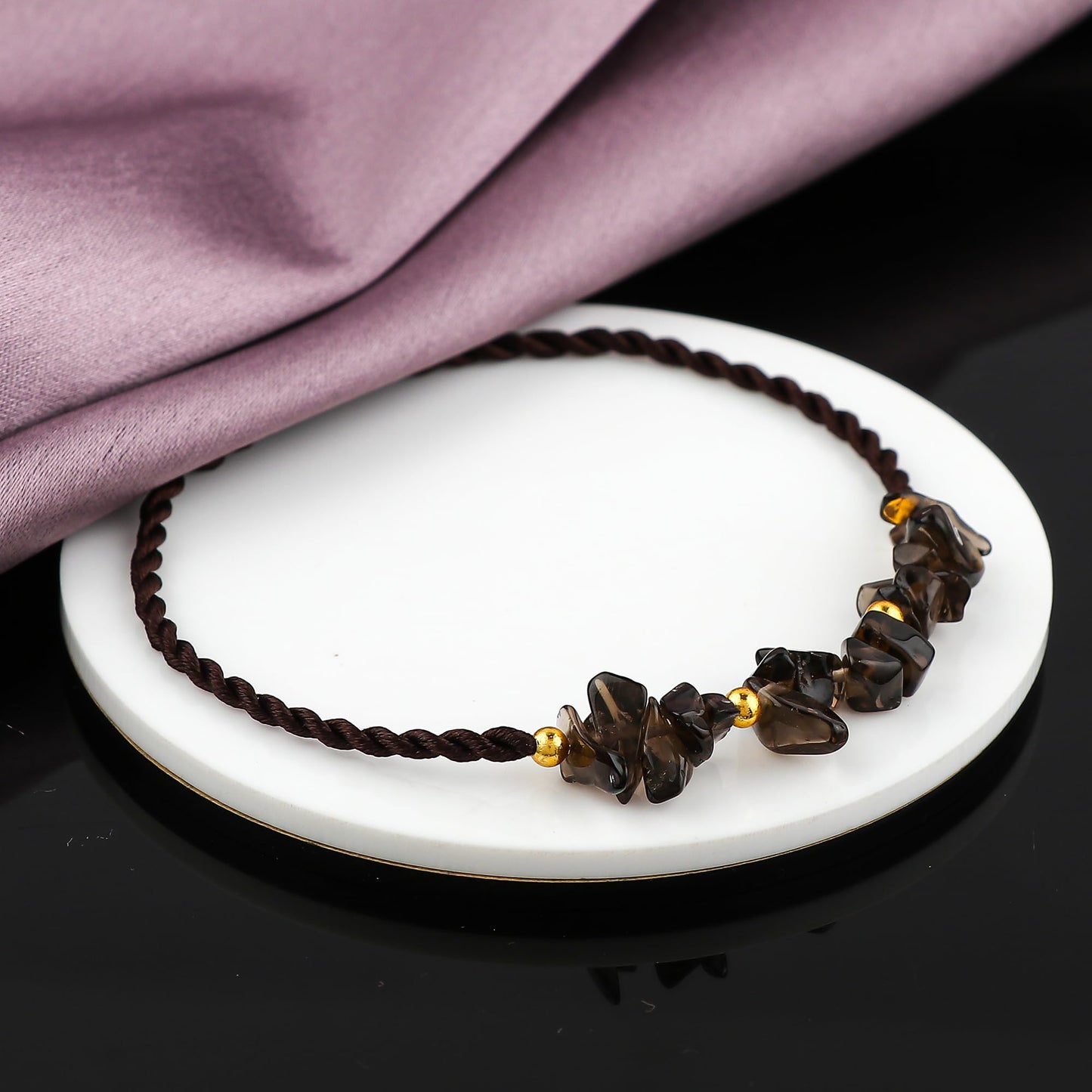 GEMSYMPHONY Smoky Quartz Gemstone Chips Rope Bracelet – Adjustable Handmade Crystal Chip Bead Bracelet for Women & Men, Natural Stone Healing Jewelry, Boho Style, Unisex Spiritual Gift (Smoky Quartz)