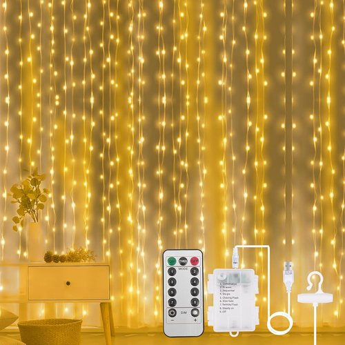 AOMIG Fairy Curtain Lights - 300 LED Warm White String Lights | 9.8x9.8Ft Waterproof with Remote Control