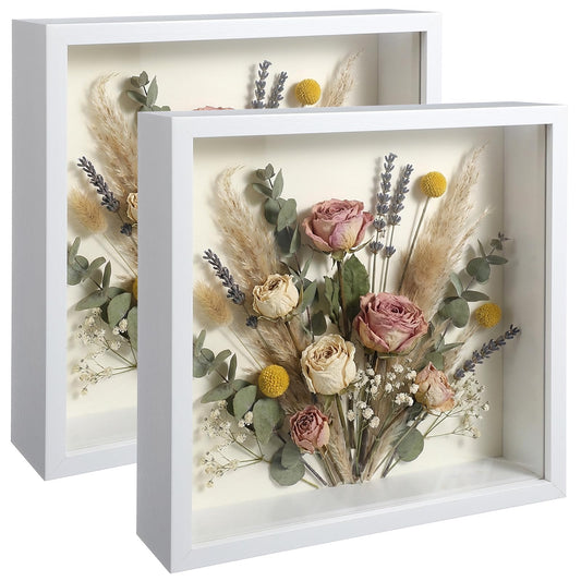 2 Pcs Shadow Boxes Display Cases, 10"x10" Deep Wood Glass 3D Shadow Box Set for Wall and Tabletop Baby Sports (White)