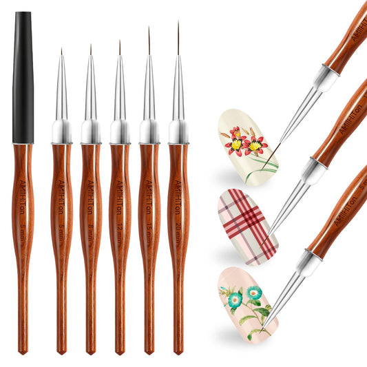 AMiLHiTon 5 Pcs Nail Art Liner Brushes, Wooden Handle Striping Brushes for Ultra Fine Lines, Plaid & Floral Detailing, Gel Polish & Acrylic Painting, 5/8/12/15/20mm (Wood Color)