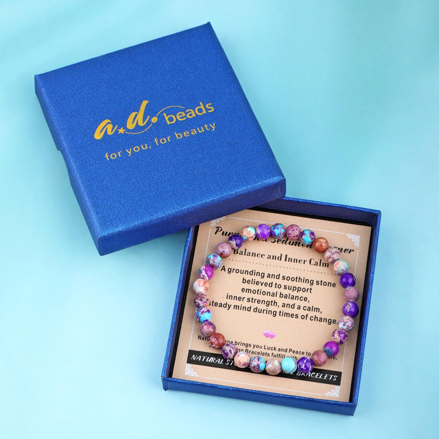 AD Beads 10mm Handmade Purple Sea Sediment Imperial Jasper Elastic Bracelet – Natural Gemstone for Joy & Positivity – Meditation, Yoga, Healing and Energy Gift for Men Women
