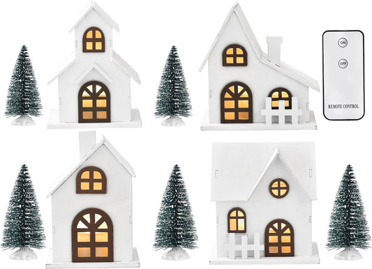 Ovootok Christmas Sculpture Set - 9-Piece Wood & Plastic Decor with 4 LED Lighted Houses & 5 Frosted Trees