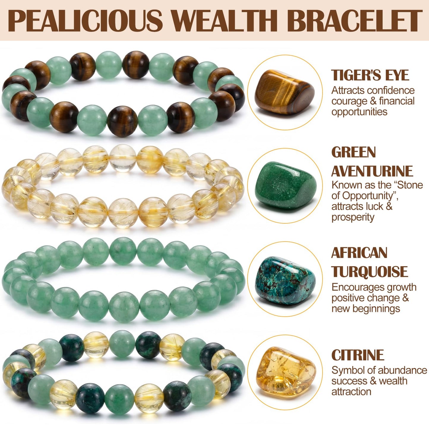 Kingdder 4 Set Wealth Money Bracelets Cards Set for Women Men Natural Healing Crystal Wealth Attraction Feng Shui Good Luck Bracelet for Spiritual Friend Birthday Holiday Jewelry Gifts