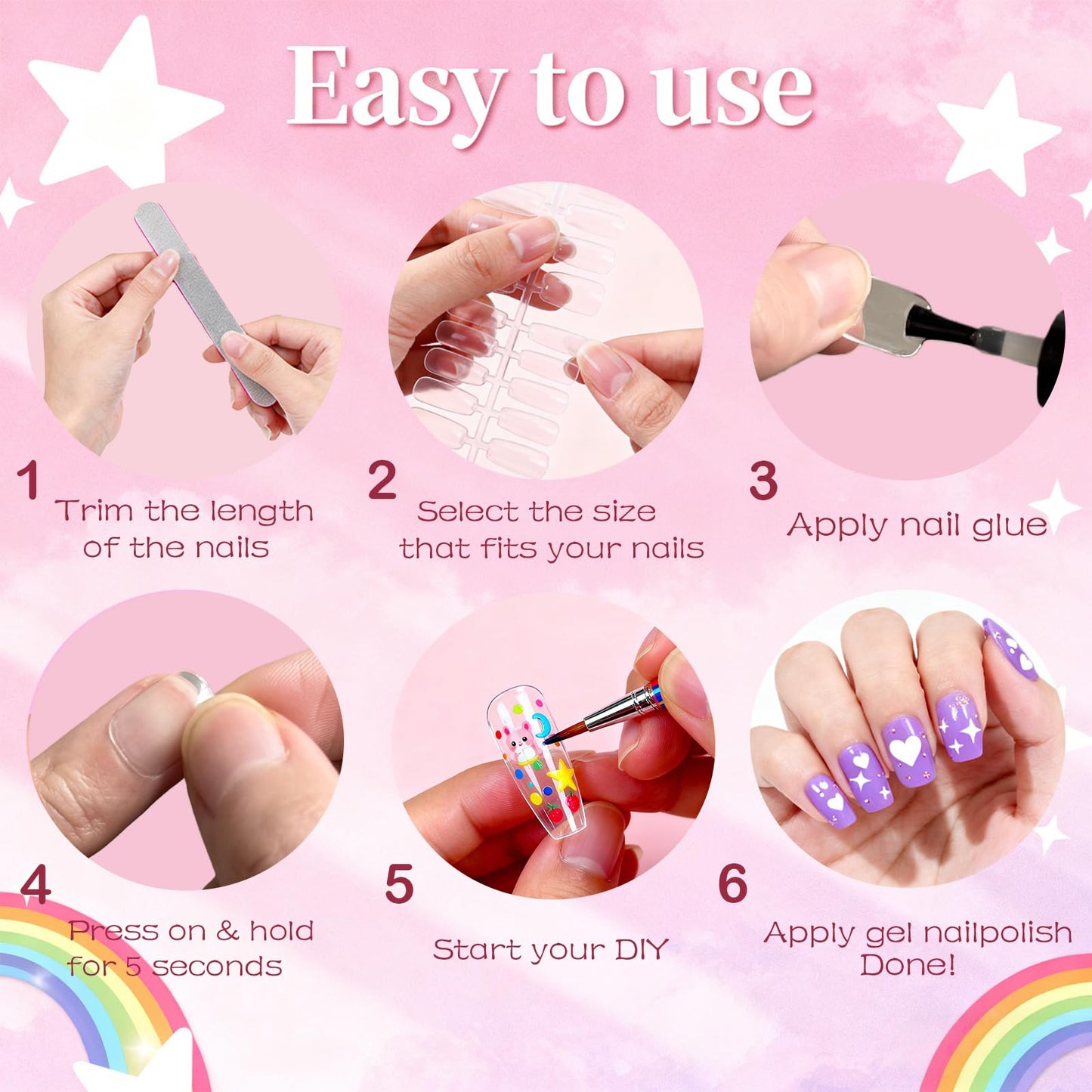 OPkssnails 360Pcs Super Extra Short Kid Nail Tips,Soft Gel Nail Tip Pre-Shaped Press On Nails For Kids,Clear Acrylic Half Matte Full Cover Fake Nail For Kids On 12sizes,7-10 Years Girl